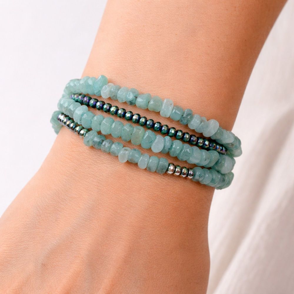 Green Aventurine Chip & Blue Crystal Beaded Wrap Bracelet